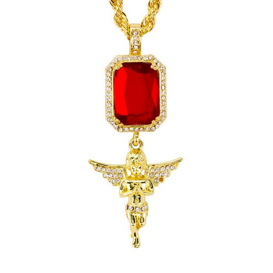 Iced Mini Angel Color Stone Pendant with 3mm Rope Chain 24" - HC-313**