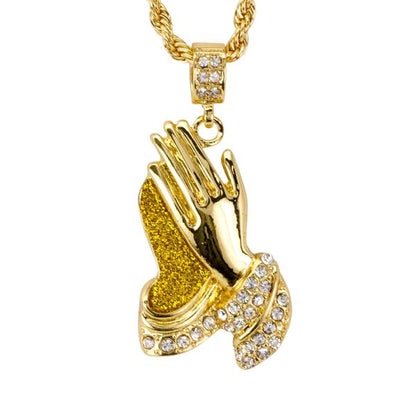 Iced Medium Praying Hands Pendant with 4mm Rope Chain 24" - HC-7007*