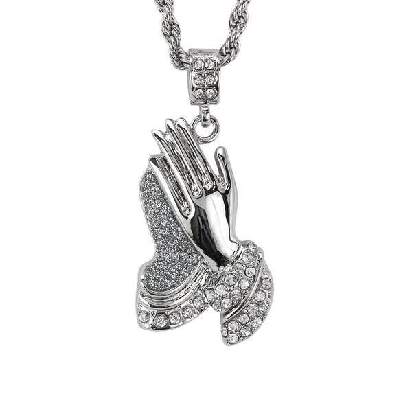 Iced Medium Praying Hands Pendant with 4mm Rope Chain 24" - HC-7007*