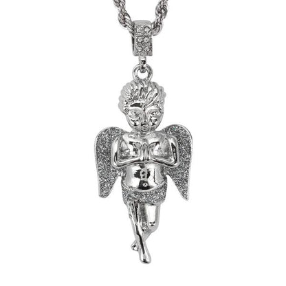 Iced Medium Angel Pendant with 4mm Rope Chain 24" - HC-7005*