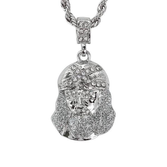 Iced Medium Jesus Pendant with 4mm Rope Chain 24" - HC-7008*