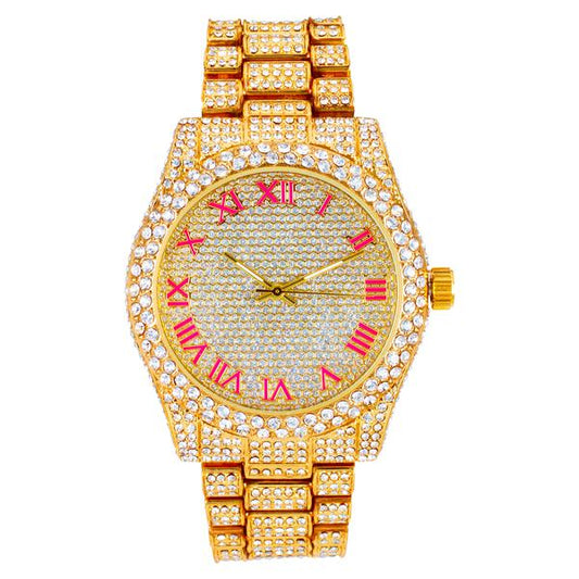 Ladies Iced-Out 42mm Metal Band Watch - 9479B-MB