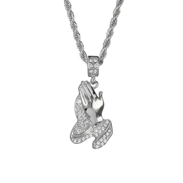 Iced Medium Praying Hands Pendant with 4mm Rope Chain 24" - HC-110*