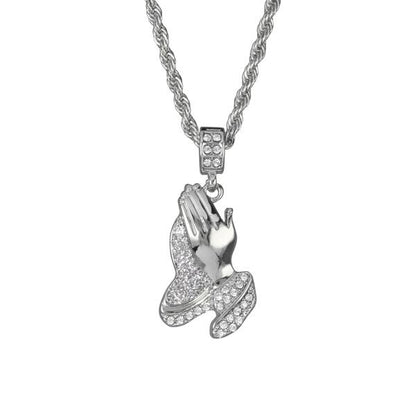 Iced Medium Praying Hands Pendant with 4mm Rope Chain 24" - HC-110*