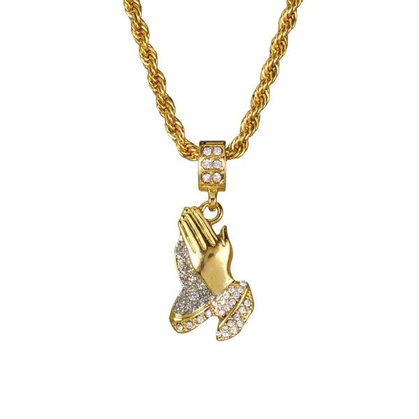 Iced Medium Praying Hands Pendant with 4mm Rope Chain 24" - HC-109*