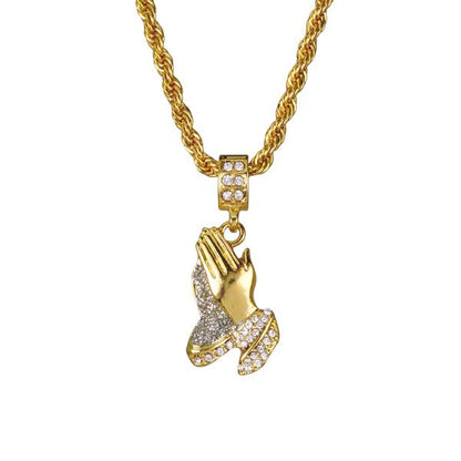 Iced Medium Praying Hands Pendant with 4mm Rope Chain 24" - HC-109*