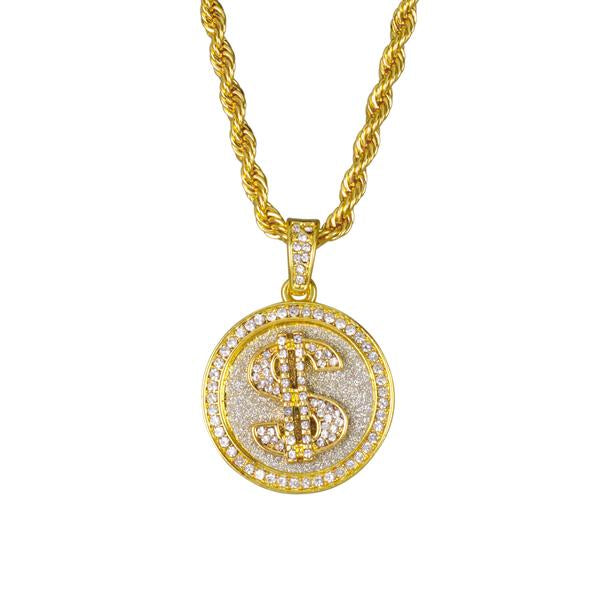Iced Medium Money Pendant with 4mm Rope Chain 24" - HC-117*