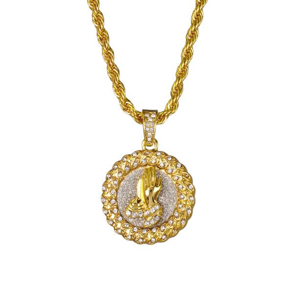 Iced Medium Praying Hands Pendant with 4mm Rope Chain 24" - HC-119*