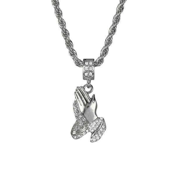 Iced Medium Praying Hands Pendant with 4mm Rope Chain 24" - HC-109*