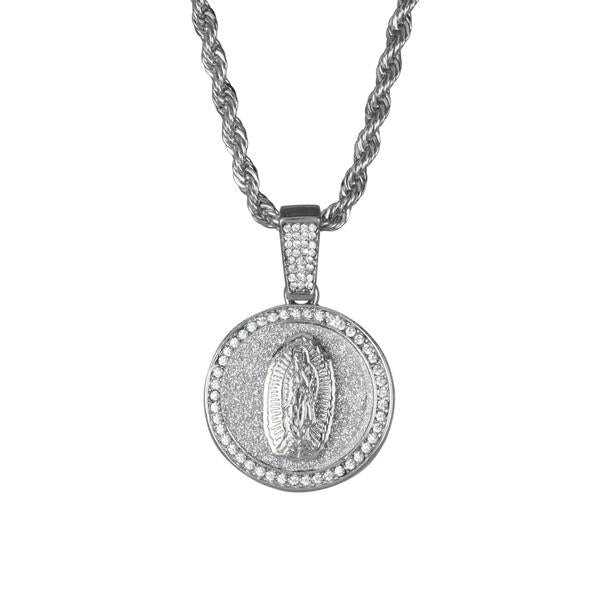 Iced Medium Guadalupe Pendant with 4mm Rope Chain 24" - HC-116*