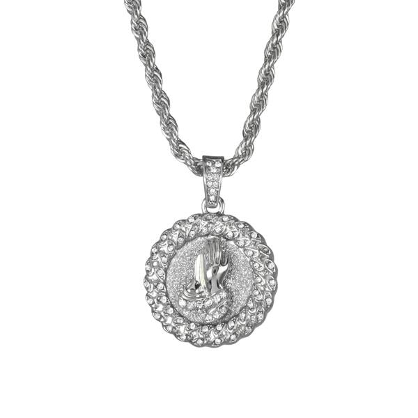 Iced Medium Praying Hands Pendant with 4mm Rope Chain 24" - HC-119*