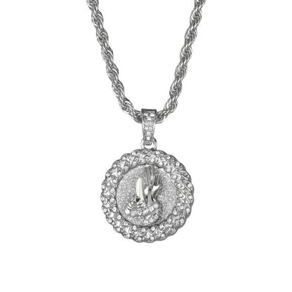 Iced Medium Praying Hands Pendant with 4mm Rope Chain 24" - HC-119*