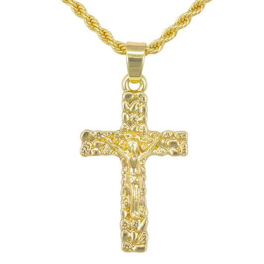 Iced Mini Cross Nugget Pendant with 3mm Rope Chain - HC-348