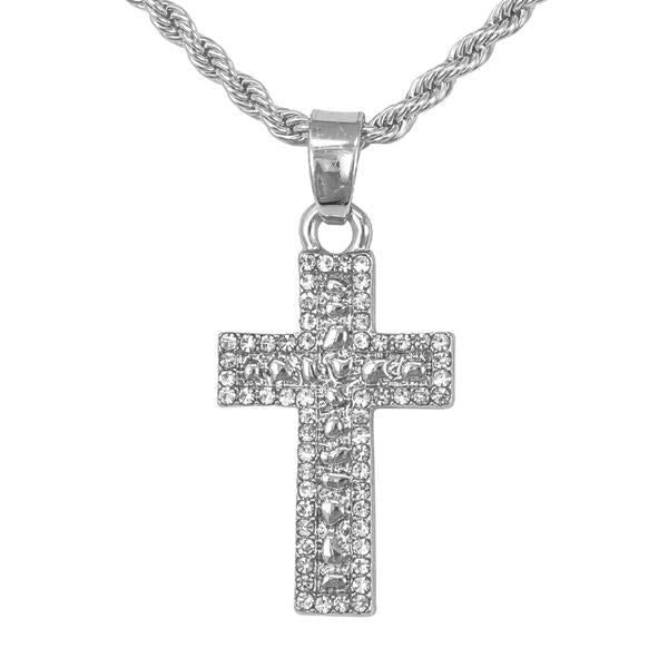 Iced Mini Cross Nugget Pendant with 3mm Rope Chain - HC-346