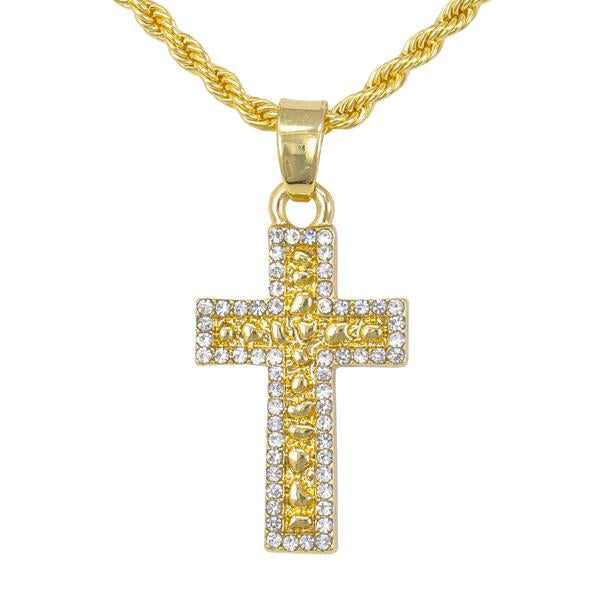 Iced Mini Cross Nugget Pendant with 3mm Rope Chain - HC-346