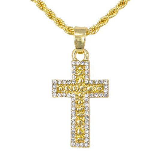 Iced Mini Cross Nugget Pendant with 3mm Rope Chain - HC-346