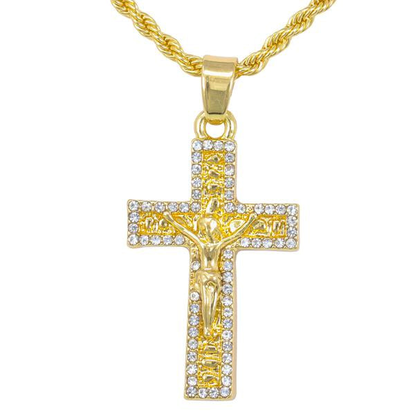 Iced Mini Crucifix Nugget Pendant with 3mm Rope Chain - HC-347