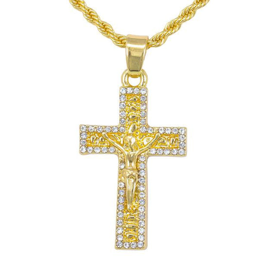 Iced Mini Crucifix Nugget Pendant with 3mm Rope Chain - HC-347