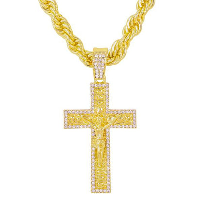 Iced Large Cross Nugget Pendant with 8mm Rope Chain - HC-8024