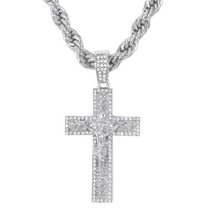 Iced Large Cross Nugget Pendant with 8mm Rope Chain - HC-8024