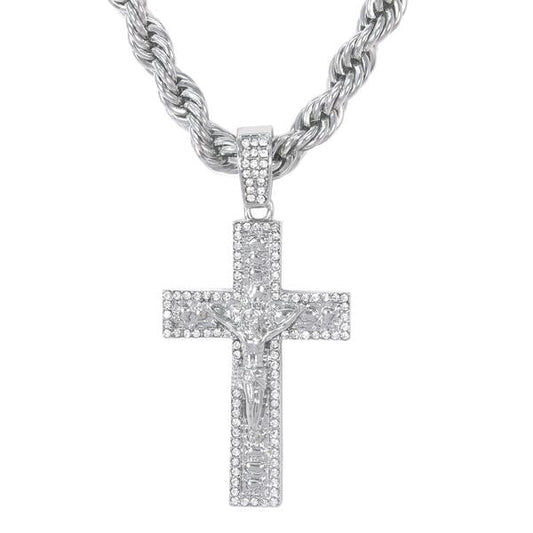 Iced Large Cross Nugget Pendant with 8mm Rope Chain - HC-8024