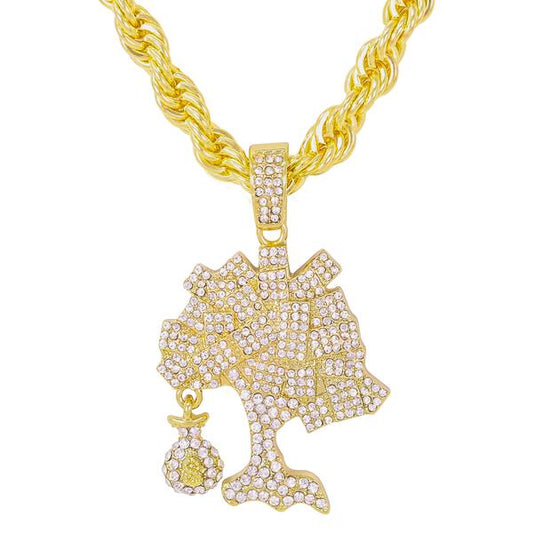 Iced Large Money Tree Pendant with 8mm Rope Chain 24" - HC-5114**