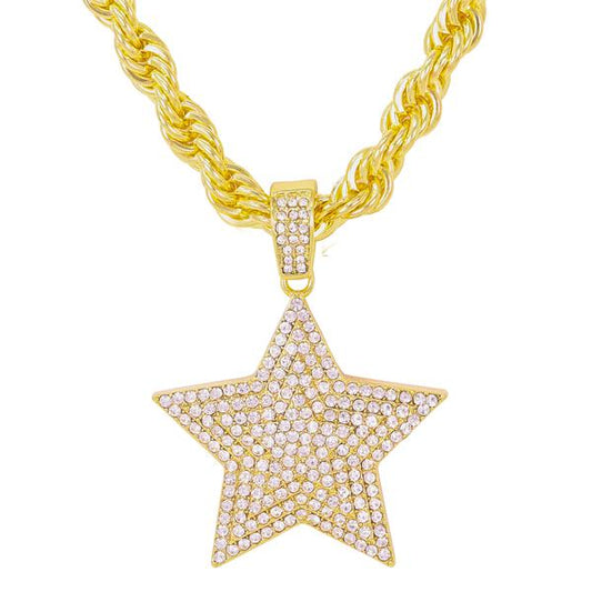 Iced Large Star Pendant with 8mm Rope Chain 24" - HC-5115**