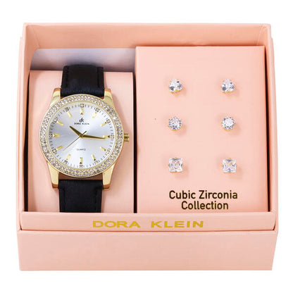 Ladies Leather Watch and Square 3on Studs Set - LW3ER-102