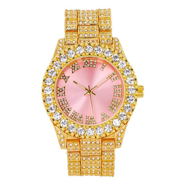 Ladies Iced-Out 44mm Metal Band Watch - 8719D-MB