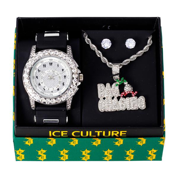 Watch and Streetwear Necklace with Earrings Gift Set - W1K-136