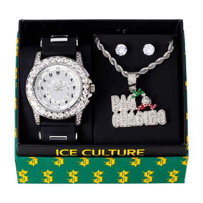 Watch and Streetwear Necklace with Earrings Gift Set - W1K-136