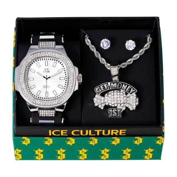 Watch and Streetwear Necklace with Earrings Gift Set - W1K-131