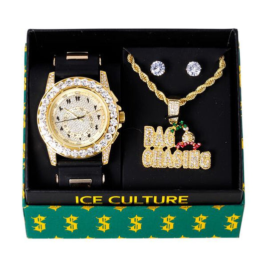 Watch and Streetwear Necklace with Earrings Gift Set - W1K-136