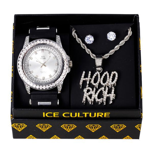 Watch and Hood Rich Necklace with Earrings Gift Set - W1K-160