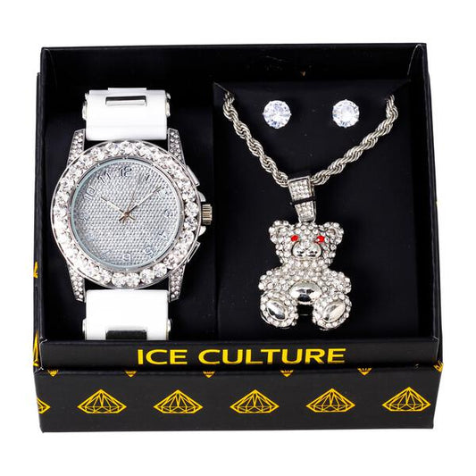 Watch and Teddy bear Necklace with Earrings Gift Set - W1K-161