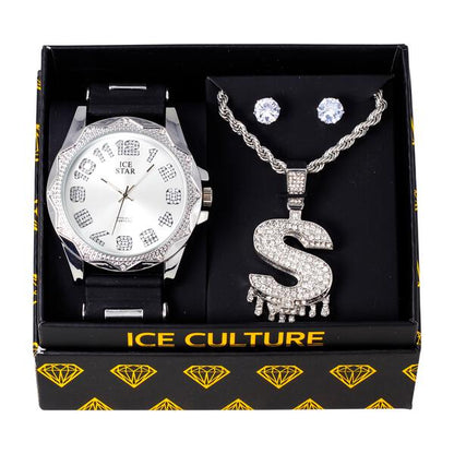 Watch and Streetwear Necklace with Earrings Gift Set - W1K-157