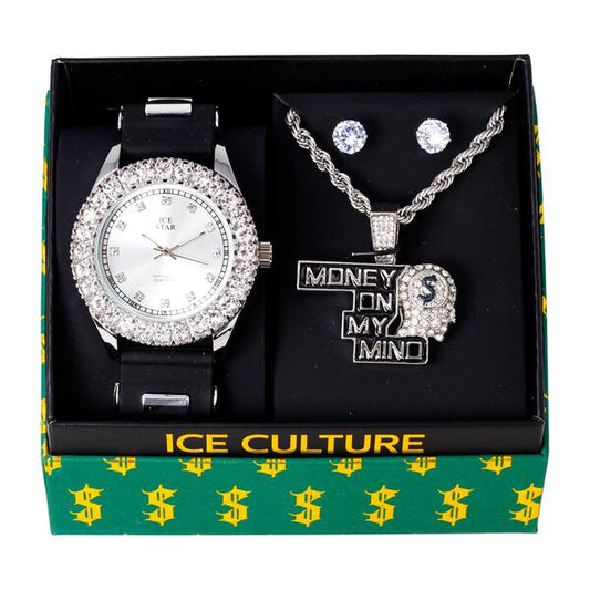 Watch and Streetwear Necklace with Earrings Gift Set - W1K-133