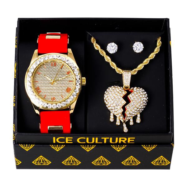 Watch and Drippin Heart Necklace with Earrings Gift Set - W1K-162
