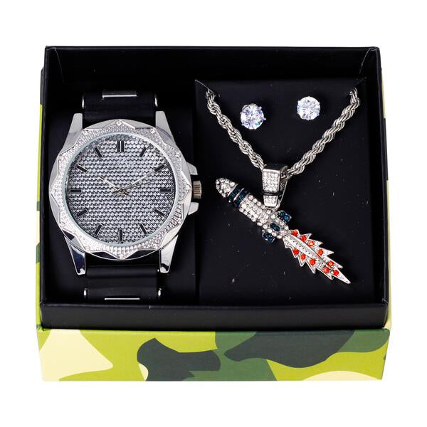 Watch and Rocket Necklace with Earrings Gift Set - W1K-168