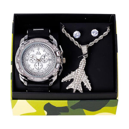 Watch and Army Jet Necklace Set with Earrings - W1K-163