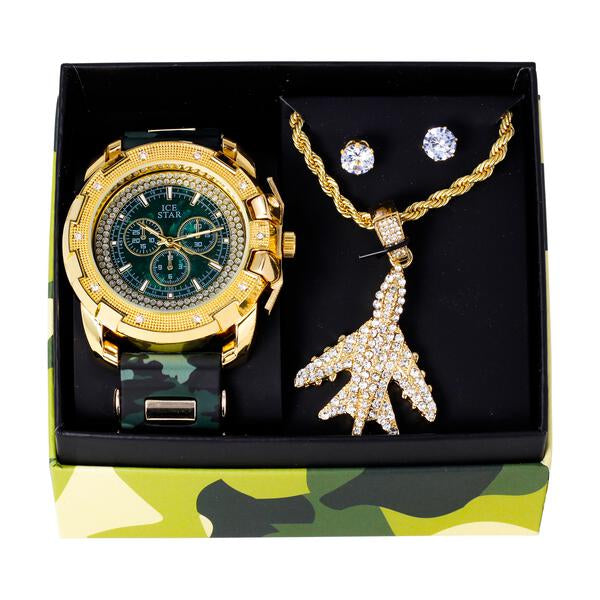 Watch and Army Jet Necklace Set with Earrings - W1K-163
