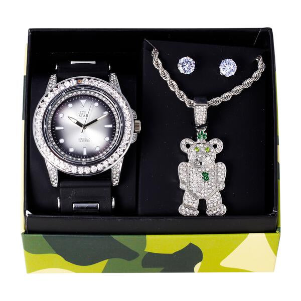 Watch and Teddy Bear Necklace with Earrings Gift Set - W1K-166