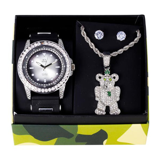 Watch and Teddy Bear Necklace with Earrings Gift Set - W1K-166