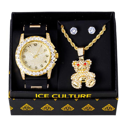 Watch and Teddy bear Necklace with Earrings Gift Set - W1K-161