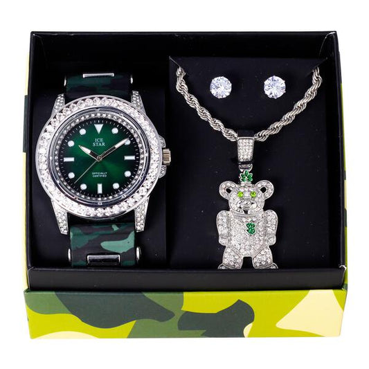 Watch and Teddy Bear Necklace with Earrings Gift Set - W1K-166