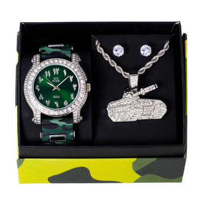 Watch and Camo Tank Necklace with Earrings Gift Set - W1K-165