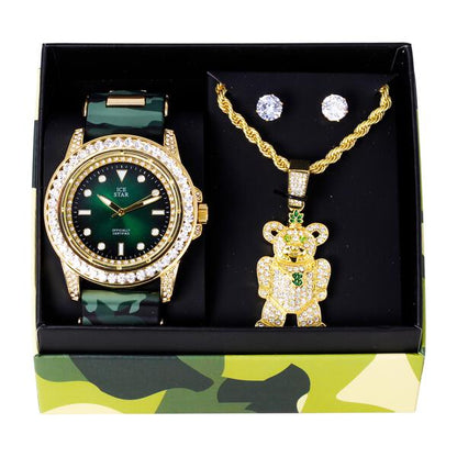 Watch and Teddy Bear Necklace with Earrings Gift Set - W1K-166