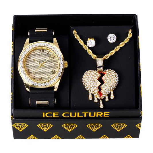 Watch and Drippin Heart Necklace with Earrings Gift Set - W1K-162