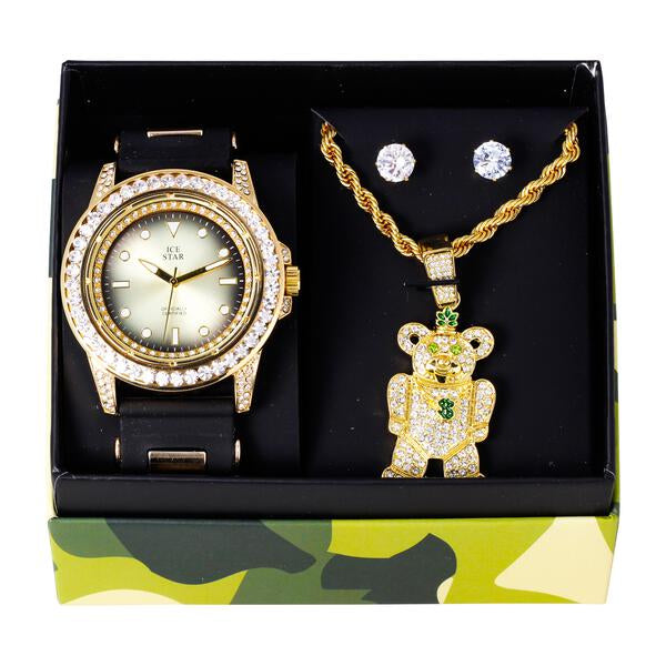 Watch and Teddy Bear Necklace with Earrings Gift Set - W1K-166