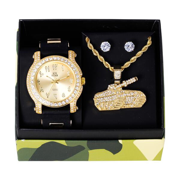 Watch and Camo Tank Necklace with Earrings Gift Set - W1K-165